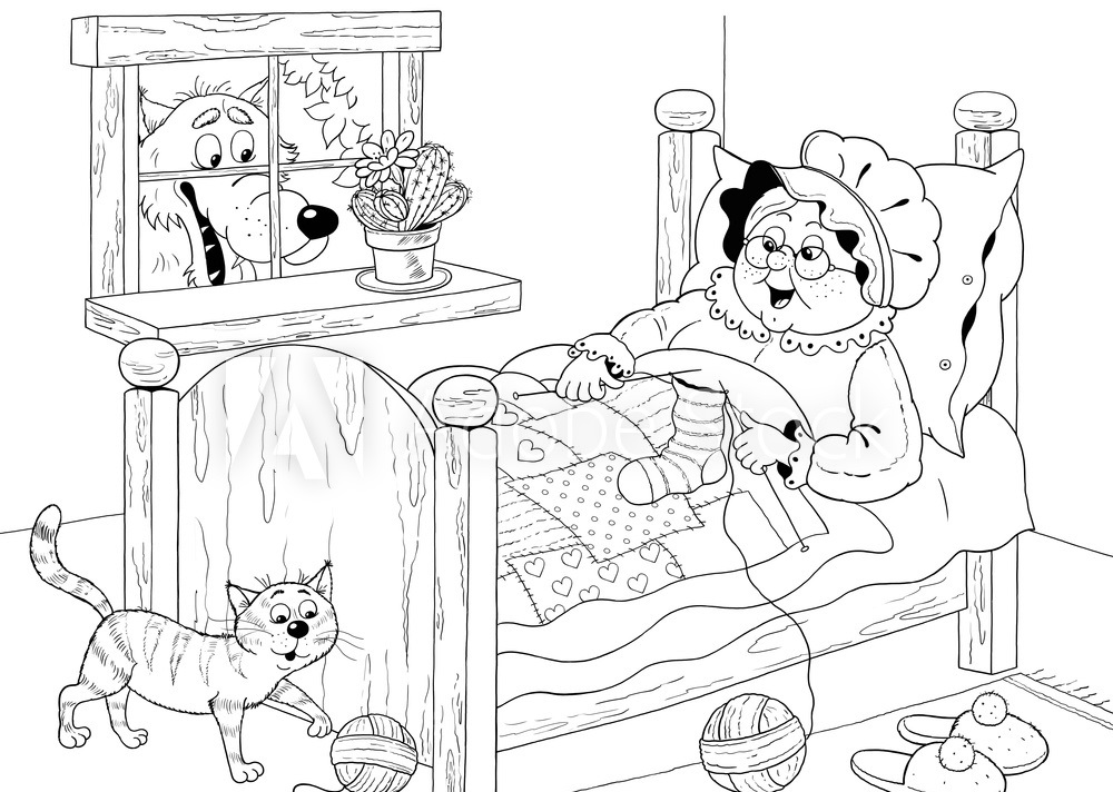 Online coloring book: Coloring page wolf watching grandma through the window